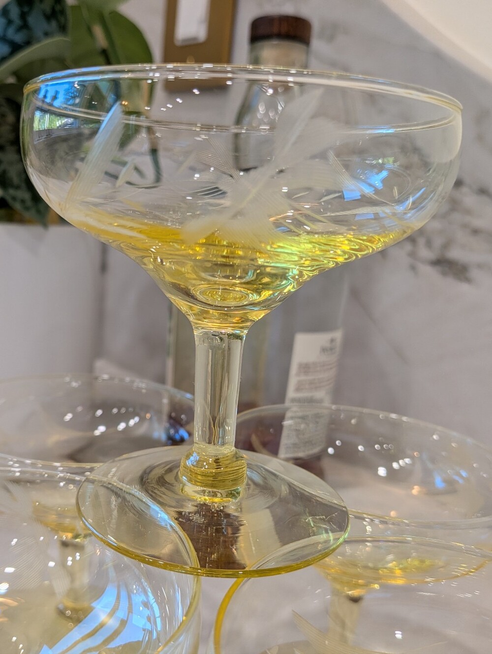 Vintage Yellow Topaz Etched Floral Stemware Champagne/Sorbet Glasses Set Of 6